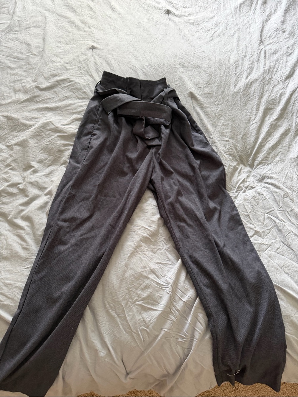 H&M Dark Gray High-Waist Paperbag Trousers with Belt